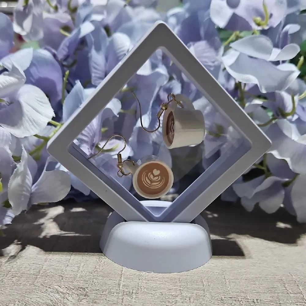 Coffee 🎁 Cup Earrings with Latte Art With Display Case & Stand